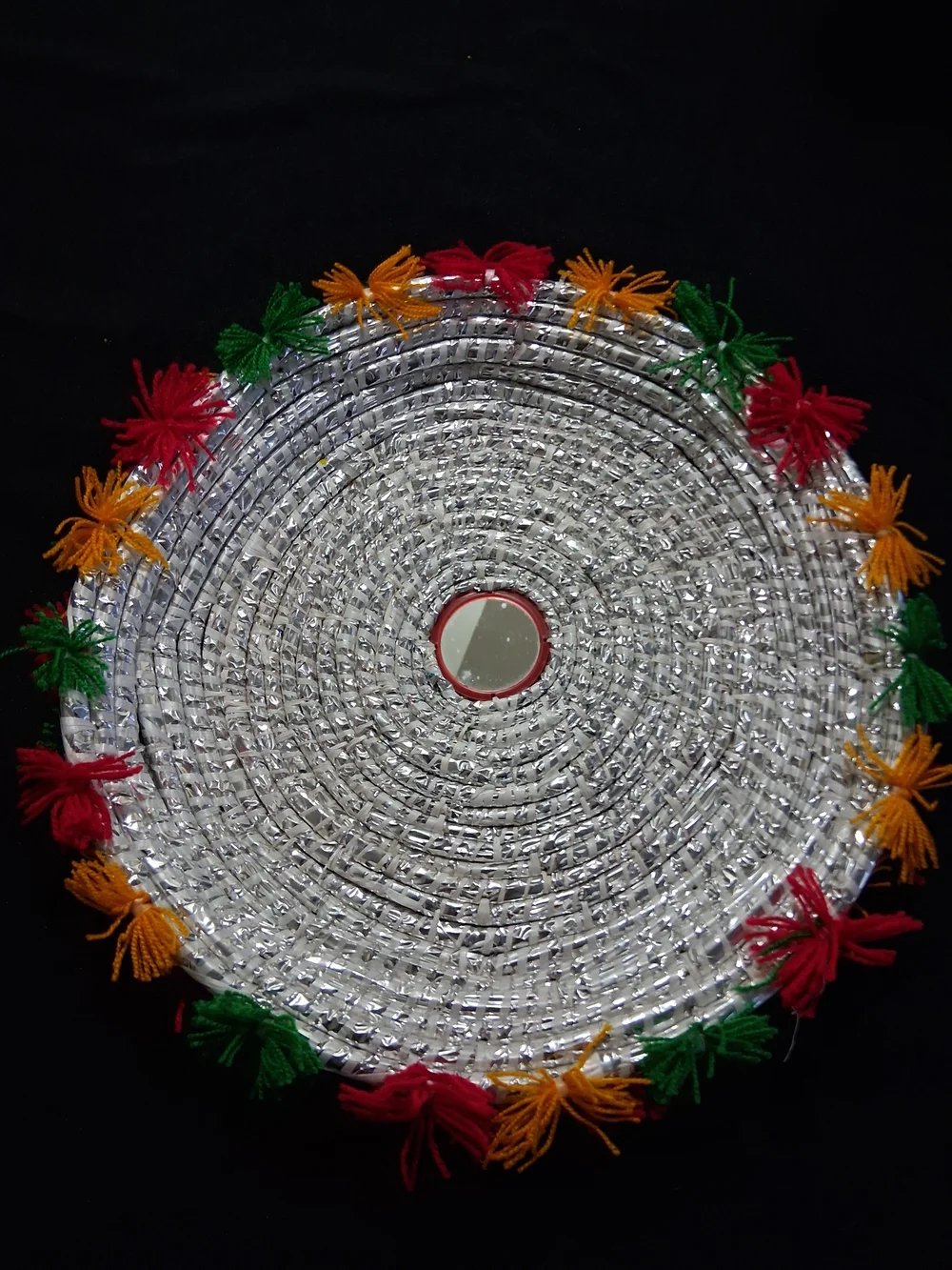 Vintage Handwoven Silver Woven Sequin Round Placemat with Multicolor TasselsTray